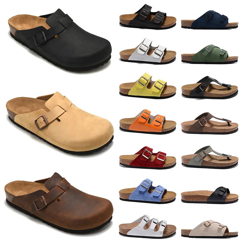 Designer Boston Summer Cork Flat Slippers Fashion Leather Slide Favourite Beach Sandals Casual Shoes Clogs for Women Men Arizona Mayari
