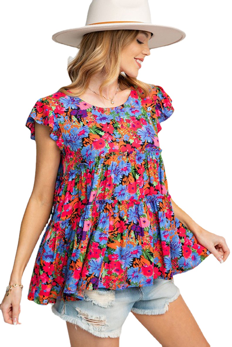 

Women's T-Shirt Ruffled short sleeve pullover ethnic tribe print loose thin T-shirt, 01