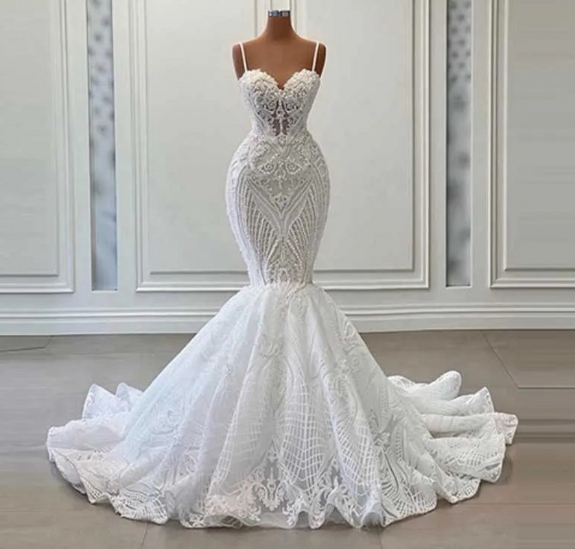 

Luxury Mermaid Wedding Dress 2023 Beading Pearls Spaghetti Strap Appliques Lace Bridal Formal Gowns Sexy Vestidos De Noiva, White