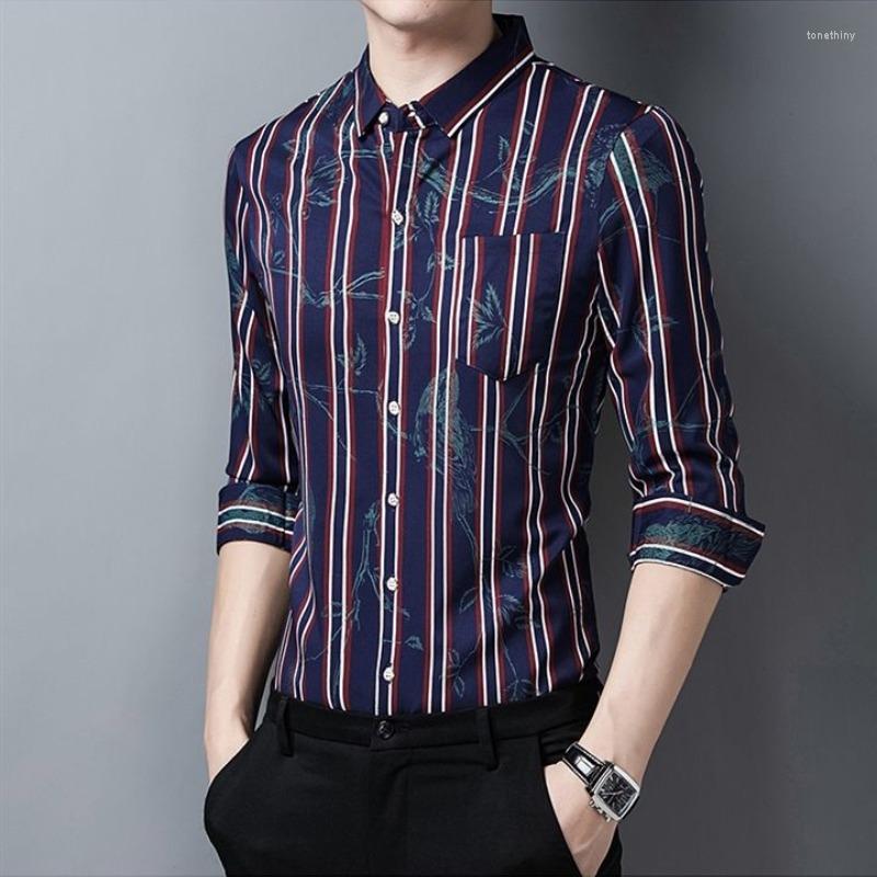 

Men's Casual Shirts Spring Summer In For Men Long Sleeve Striped Printed Pocket Thin Flower Lapel Business Elegant Fashion Tops, Black