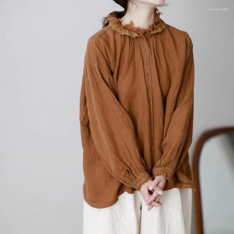 

Women's Blouses Johnature 2023 Vintage Lace Ruffles Collar Linen Shirts For Women Spring Japanese Solid Color Loose Female, Green