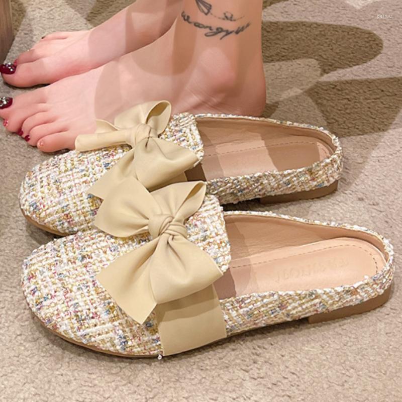 

Slippers 2023 Autumn Women Slip On Mules Flat Heel Casual Shoes For Bow-knot Lazy Slides Outdoor Flip Flops, A616-1-beige