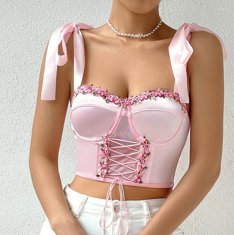 

Women's Tanks Women's Sweet Floral Bow Ribbons Tank Top Sexy Lace Up Crop Tops, Pink