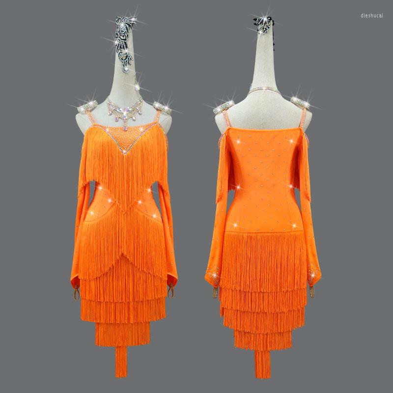 

Stage Wear Latin Dance Dress Woman Sexy Off-the-shoulder Suit Adult Professional High-end Custom Cha-cha Tango Costume Skirt, Orange
