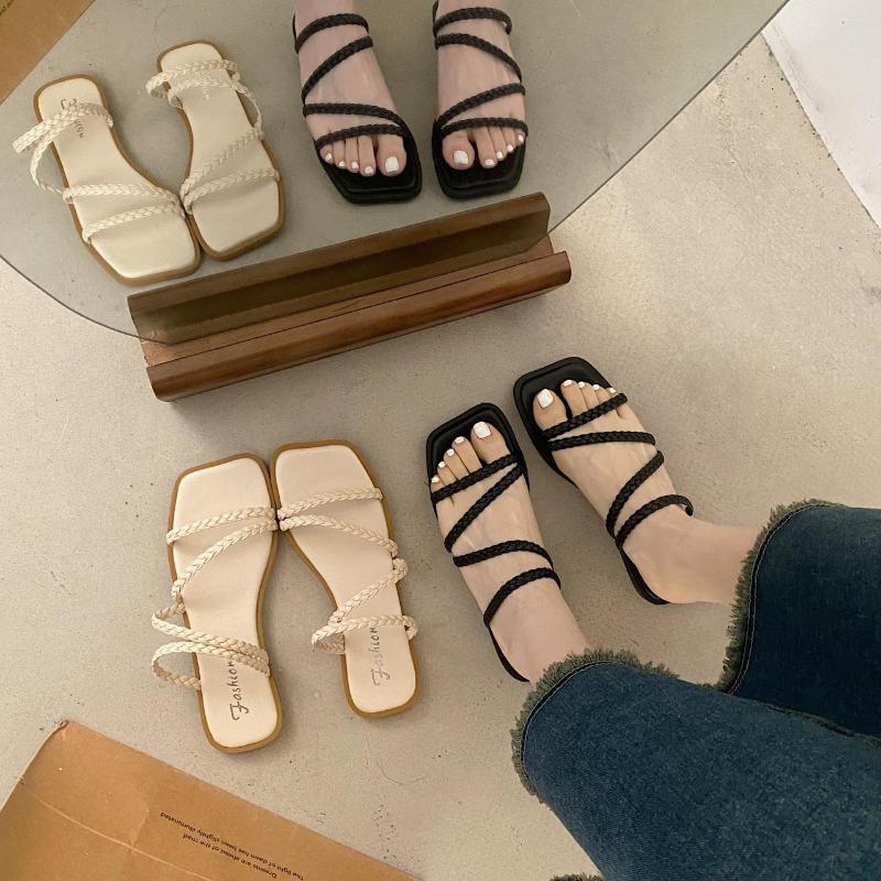 

Slippers Shoes Square Toe Womens Outdoor Slides Low Shale Female Beach Pantofle Fashion Rubber Flip Flops Sabot 2023 Summer Flat