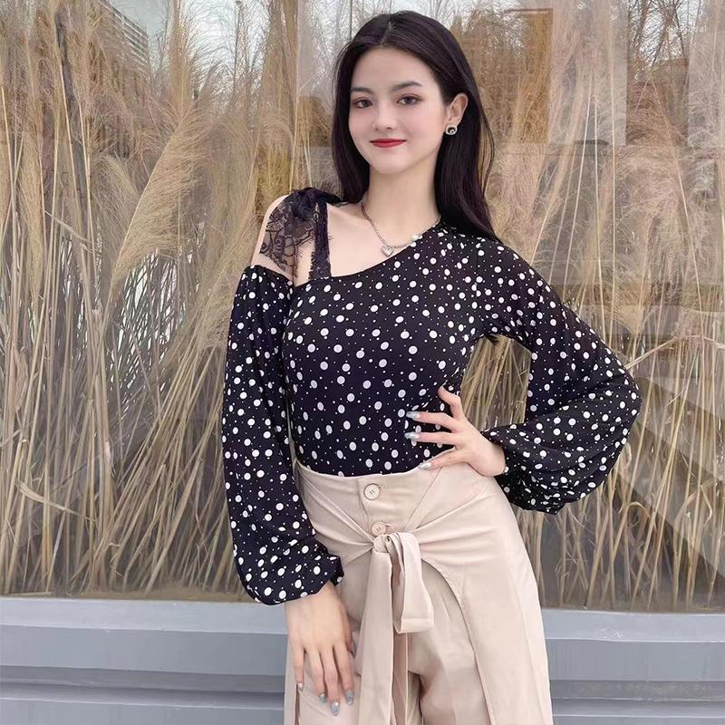 

Stage Wear Latin Dance Tops Black Lace Puff Sleeves Slant Shoulder Practice Clothes Rumba Ballroom Performance Shirts DNV17871, Only tops