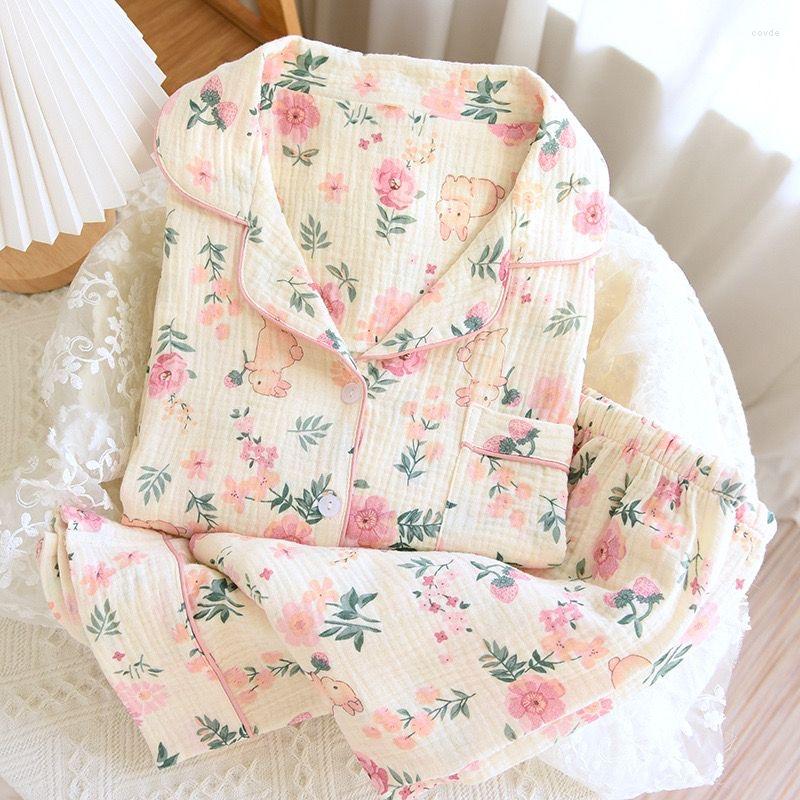 

Women's Sleepwear Women Pajamas Set Cotton Pyjama Floral Printing Pijama Female Homewear Long Sleeve Lapel Shirt Pants Nightwear