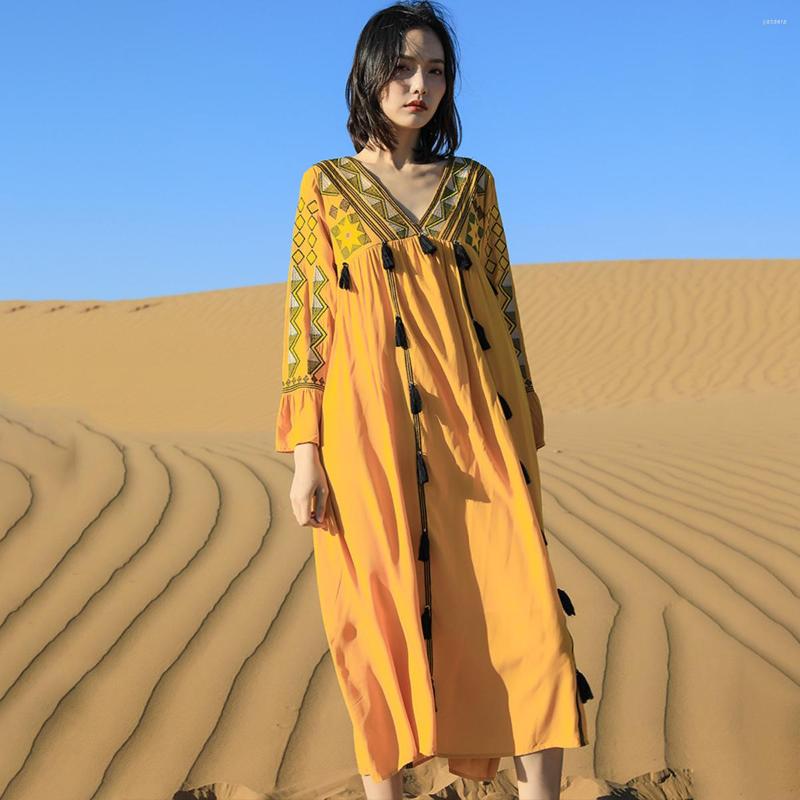 

Casual Dresses Jastie Ethnic Style Embroidery Women Dress Retro Tassel Hippie Beach Loose Seaside Holiday Long 2023 Autumn, Yellow