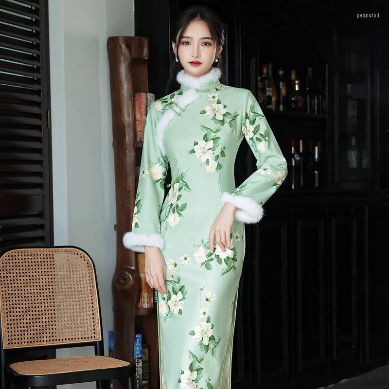 

Ethnic Clothing Autumn Slim Qipao Green Women Elegant Vintage Faux Fur Long Cheongsam Chinese Dress Traditional Robe Orientale