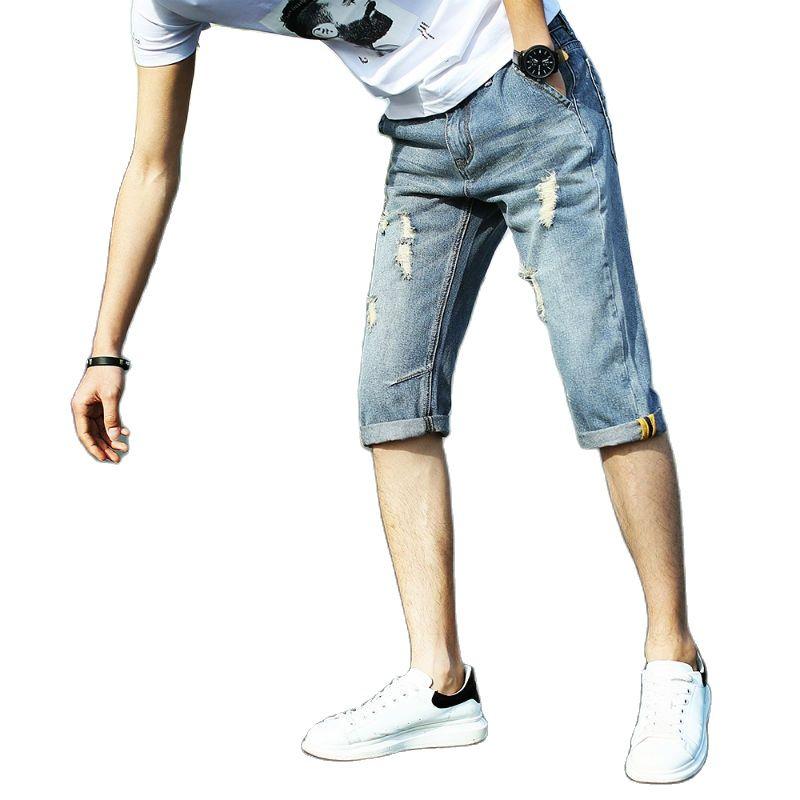 

Men's Jeans Style Fit Cotton Shorts Rig 7 Cent Pants No, Sky blue