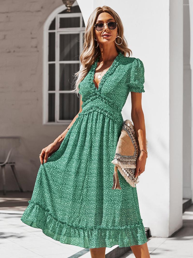 

Party Dresses Summer Women Floal A-Line Dress Sweet Elegant Floral Ruffles V-Neck Beach Holiday For Lady Chic Flowers Mid, Blue