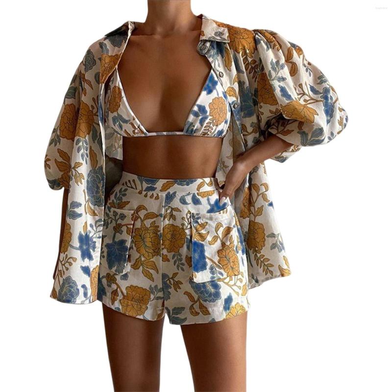 

Women' Tracksuits Women' Fashion Loose Printed Shirt Camisole Shorts 3 Piece Set