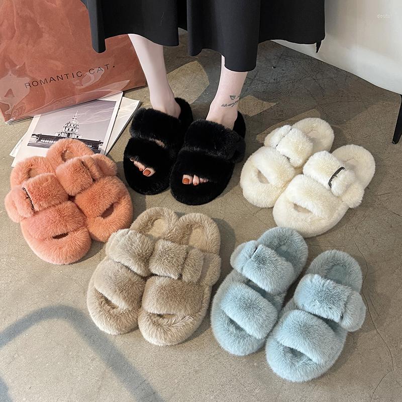 

Slippers 2023 Plush Female Autumn Korean Version Of The Square Buckle Foreign Trade Thick Bottom Flip Flops To Keep Warm, Blue