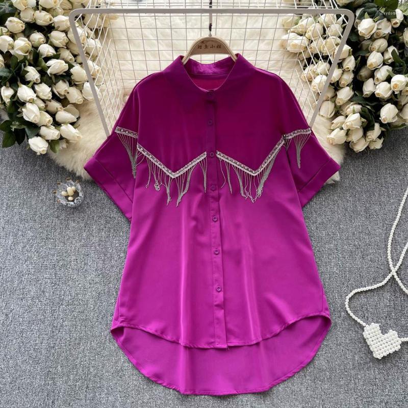 

Women's Blouses Korean Summer Ladies Vintage Beading Tassel Irregular Shirt Women's Short Sleeve Single-Breasted Loose Long White Tops, Green