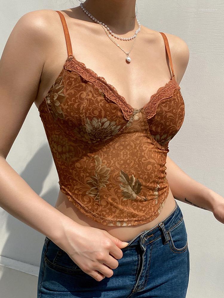 

Women' Tanks Floral Y2k Camis Brown Crop Top Lace Frill Cute Corset Spaghetti Strap Sweats Harajuku Tee Women Beach Vests