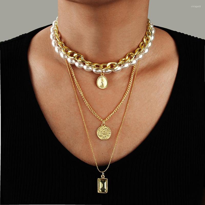 

Pendant Necklaces Korea Fashion Punk Multi Layered Pearl Choker Necklace Collar Statement Coin Crystal Women Wedding Jewelry Gift