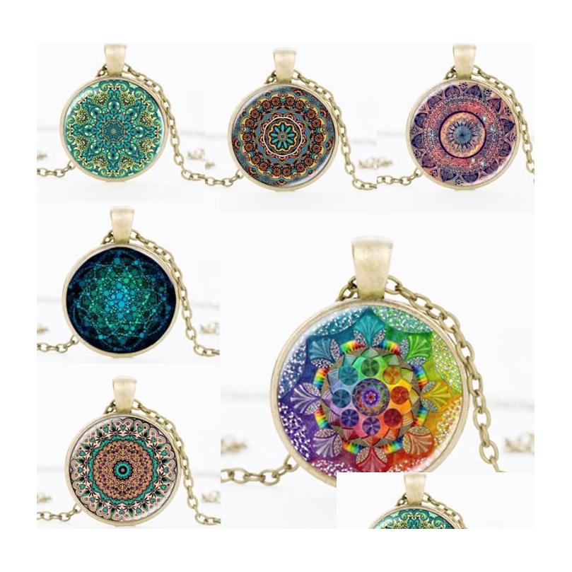 

Pendant Necklaces Mandala Flower Of Life Necklace Vintage Buddhism Meditation Cabochon Glass Time Stone For Women Men Fashion Jewelr Dhwzf