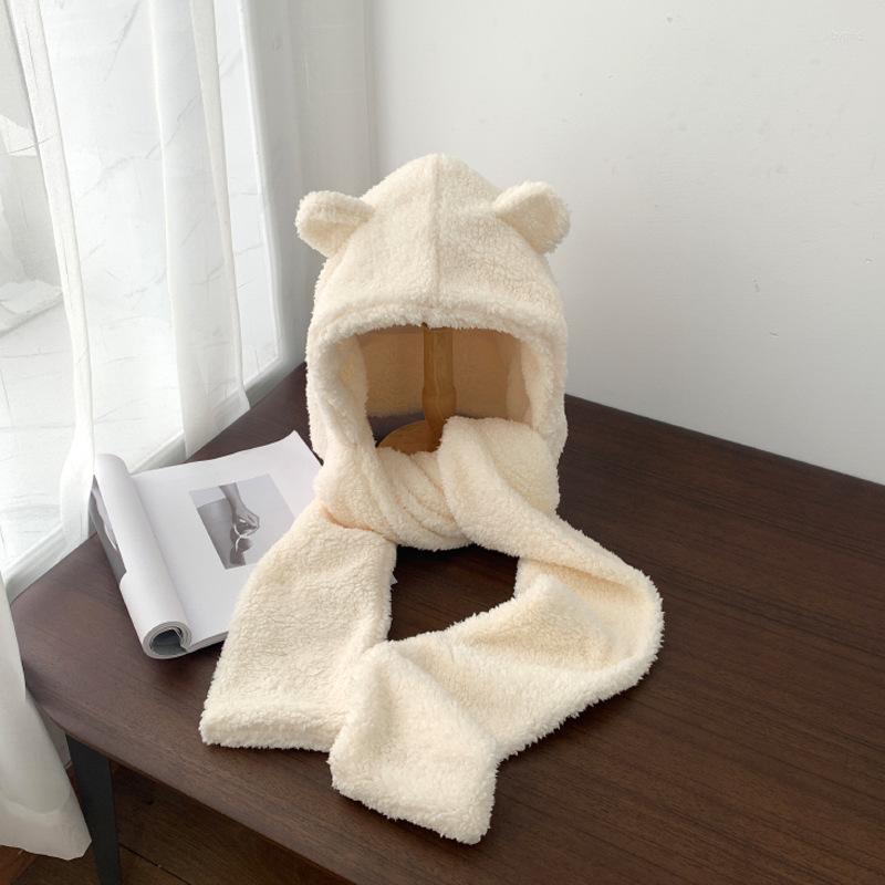 

Berets Cute Bear Ear Hat Scarf Gloves Set Women Winter Warm Casual Plush Fleece Beanies Caps Windproof Hats Girl Kawaii Present 2023, Beige