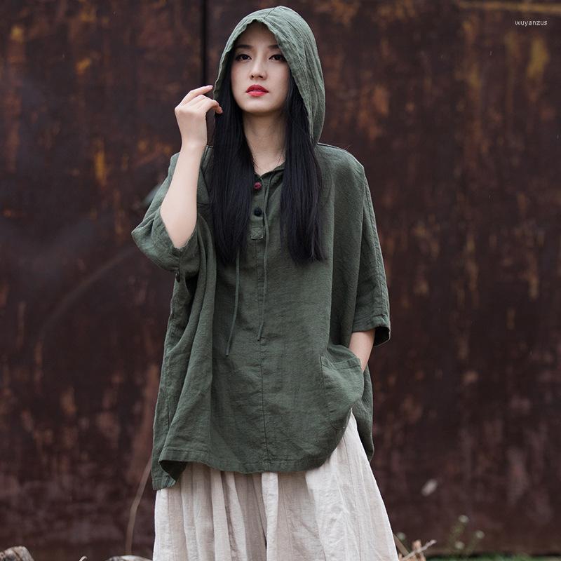 

Women's T Shirts Ramie Women Shirt Hooded Solid Color Buckle 2023 Summer Half Sleeve Pullovers Fashion Retro Blouse YoYiKamomo, Green