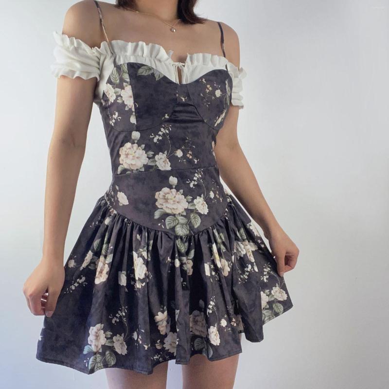 

Casual Dresses Vintage Dress Women Spaghetti Straps Corset Pleated Mini Party Retro Sleeveless Floral A-Line E-girl Grunge Clothes, Black