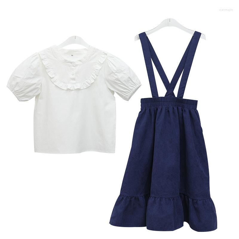 

Clothing Sets 2023 Summer Girls Cotton Clothes Set Teen Casual Shirt And Suspender Skirt Fashion Kids Two-Piece #0813