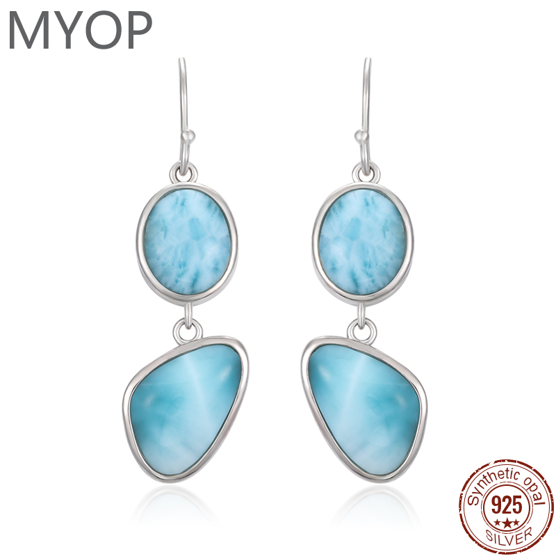

Natural Precious Larimar Earrings for Women 2021 New Simple Fashion Geometric Charm 925 Sterling Silver Jewelry Gift Classic
