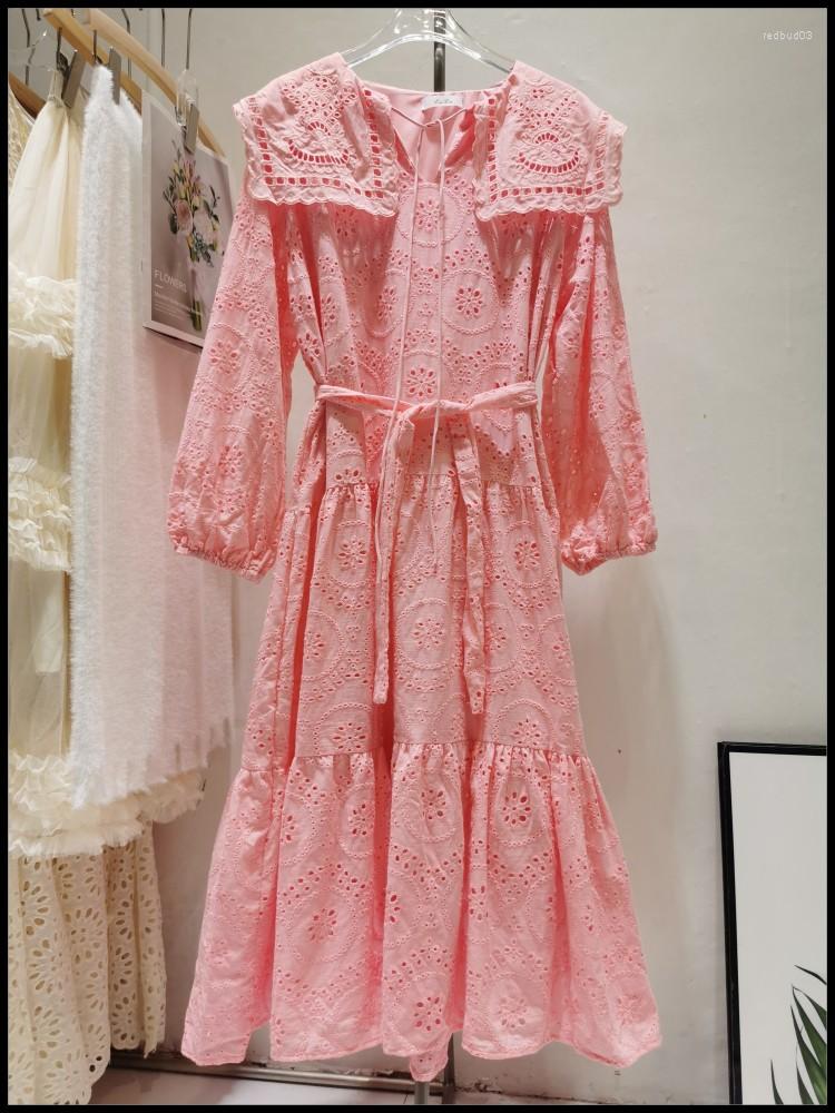 

Casual Dresses Cottage Style Sweet Princess Dress Hollow Out Lantern Sleeve Waistband Cotton Midi Women Fairy Party Vestido Fiesta, Pink