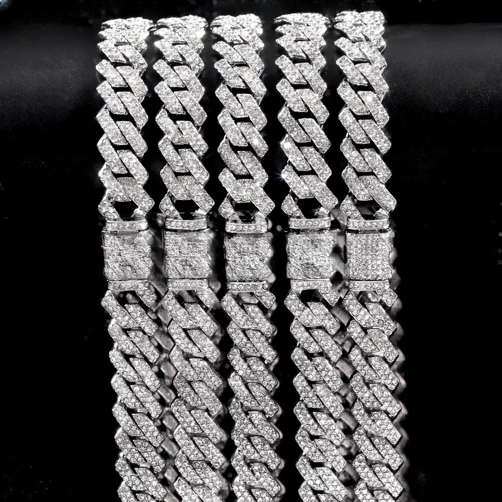 

15mm For Men Women Micro Pave Prong Cuban Chain Necklaces Fashion Hiphop Full Iced Out Rhinestones Jewelry