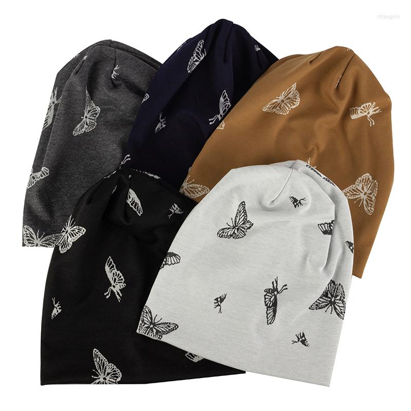 

Berets Women Butterfly Print Solid Color Beanie Hats All-Match Warm Soft Trendy Skullies Elegant Cotton Handmade Female Casual Cap, Black