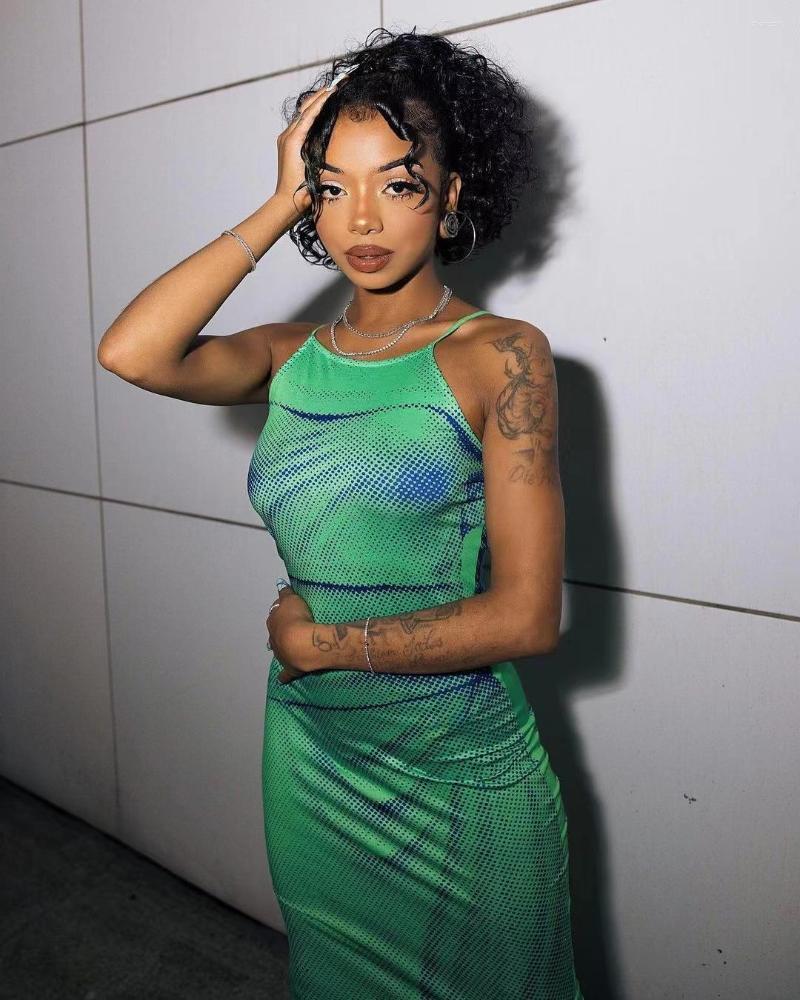 

Casual Dresses 2023 Fashionable Women' Clothing Sexy Irregular Corrugated Printed Suspender Hip Dress, Emerald
