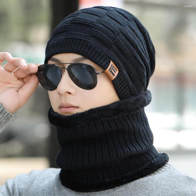 

Berets Unisex Add Fleece Lined Winter Hat Wool Warm Knitted Set Thick Soft Stretch Hats For Men Women Leisure Beanie Cap, Black