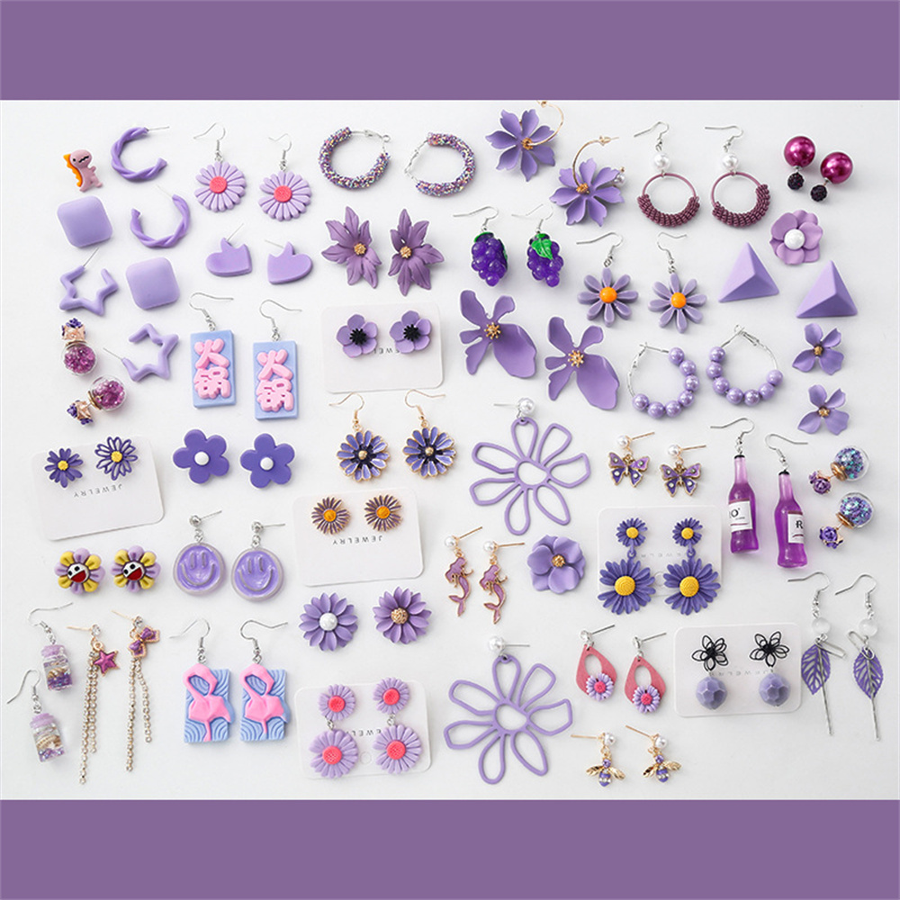 

WYBU Taro Purple Series Geometric Long Drop Earrings for Women Retro Korean Style Small Daisy Flower Pendant Earrings