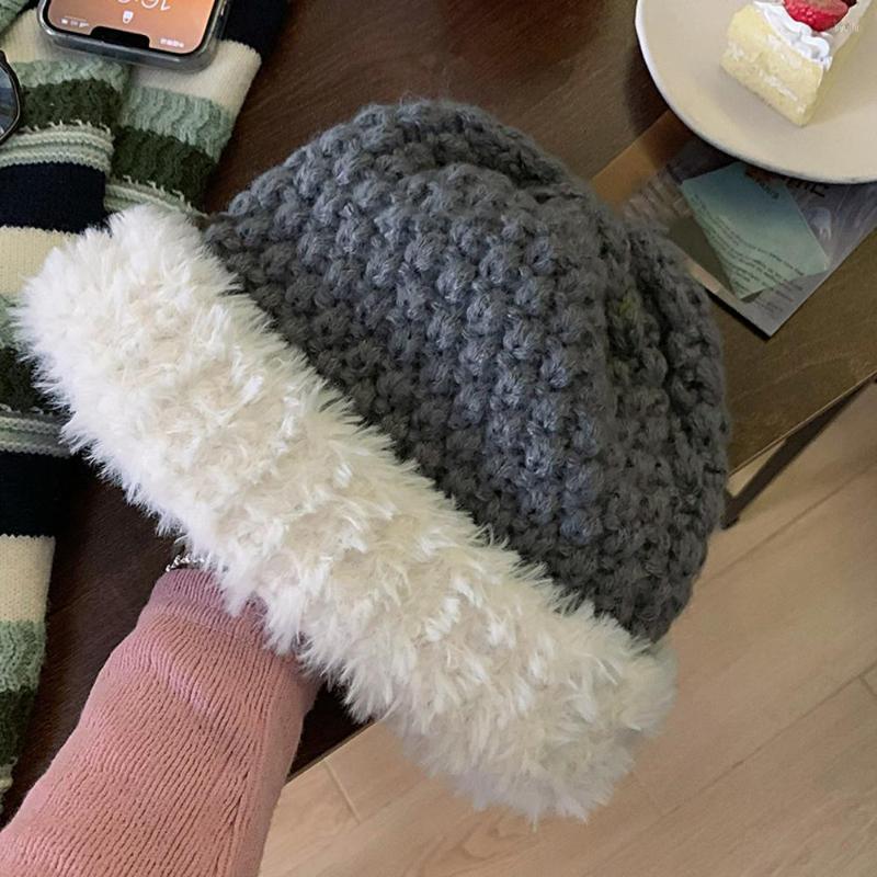 

Berets Vintage Trendy Contrast Color Knitted Fisherman Hat Retro Ladies Fluffy For Party, Black