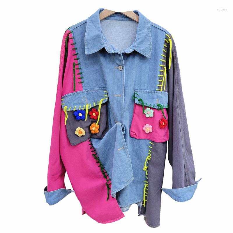 

Women's Blouses SuperAen 2023 Spring Color Contrast Patchwork Denim Shirt Women's Loose Retro Streetwear Shirts, Photo color