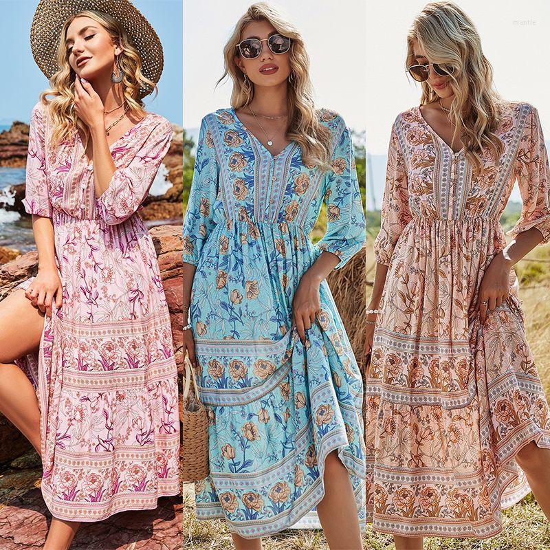 

Party Dresses Spring Product V-neck High-waisted Bohemian Mid-length Dress, Apricot