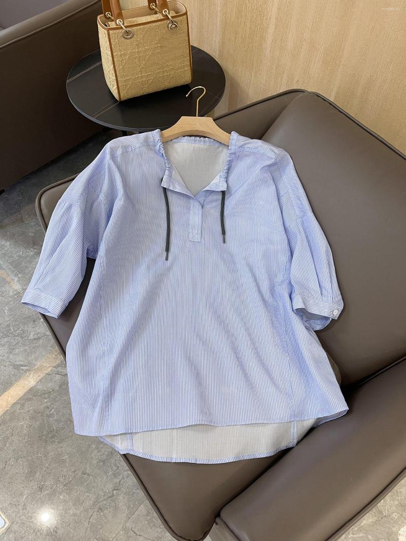 

Women' Blouses 2023 Womens Fashion Short Sleeve Sexy Casual Drawstring Silk Cotton Striped Print Shirt 0516
