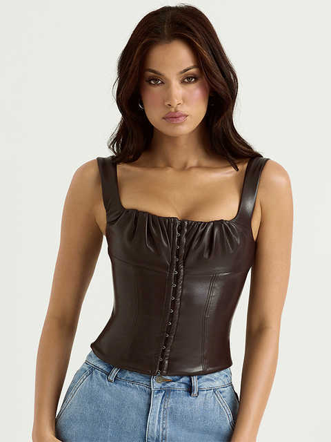 

New Chic Vintage PU Leather Cropped Tops With Hooks Fashion Fall Winter Rave Outfits Streetwear Tops Women 2022, Chocolate