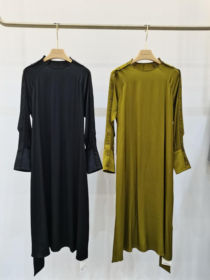 

Casual Dresses 2023 Women Fashion Long Sleeve Crewneck Lace-up Silk Dress 0216