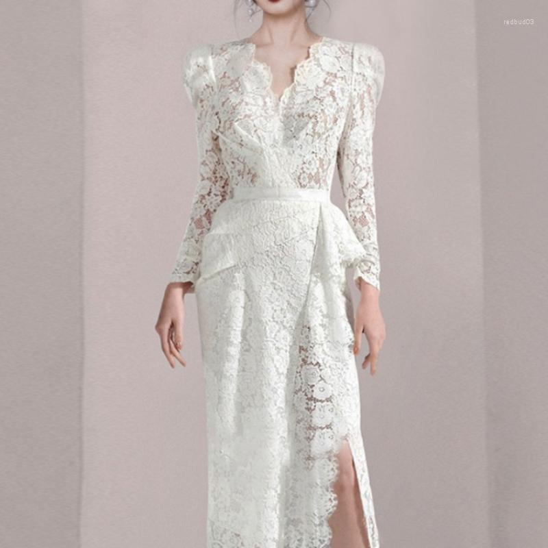 

Casual Dresses White Sexy Elegant Lace Slit Midi Dress 2023 Summer Women Long Sleeve V-Neck Floral Crochet Hollow Out Solid Draped Vestidos