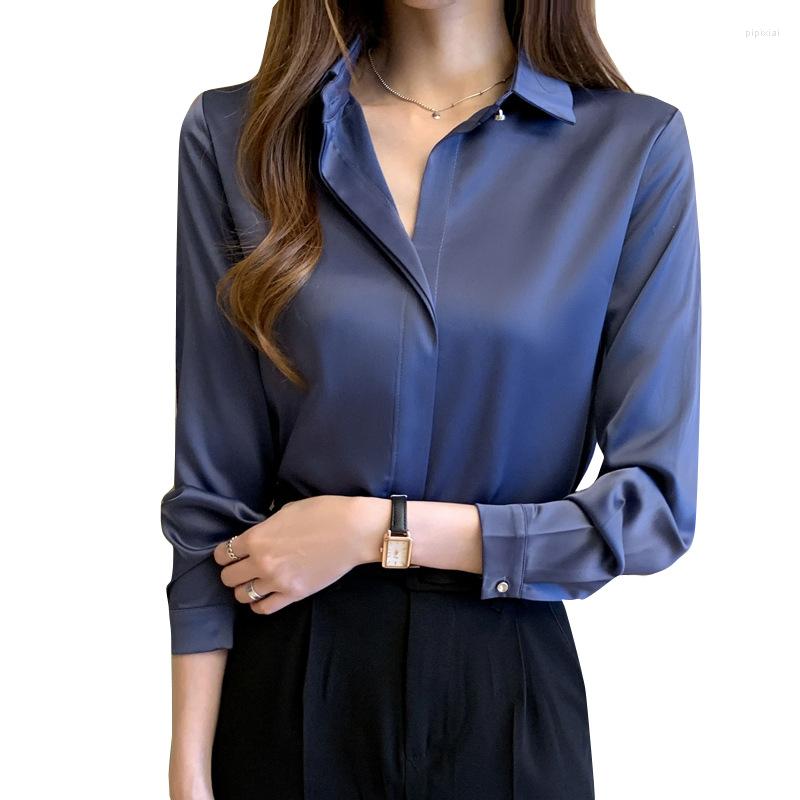 

Women's Blouses Woman Basic Shirt Top Silk Shirts Women Long Sleeve Blouse Office Lady Satin Tops, Blue