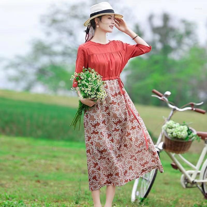 

Party Dresses Summer Cotton Linen Dress Retro Floral Red, Orange red