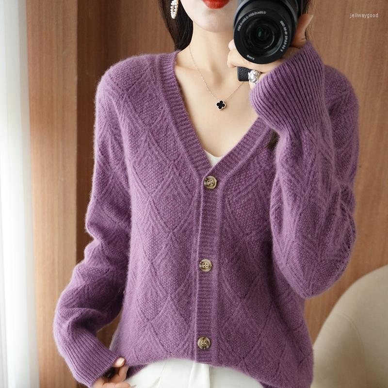 

Women's Knits SZDYQH 2023 Autumn Winter Pure Wool Cardigan Sweater Women's Fashion Hollow Out V-Neck Knitted Cardigans Coat, Burgundy
