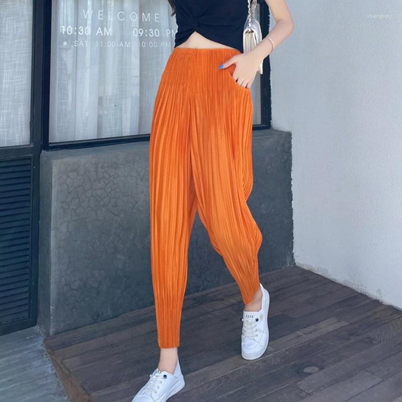 

Women' Pants Spring SummerWomen Harem Loose Miyake Pleated High Waist Casual Carrot Trousers Ladies Solid Color Pocket Joggers Clothes, Dark blue