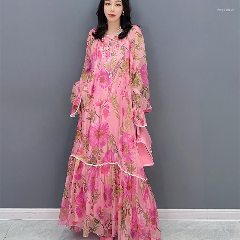 

Casual Dresses Elegant Floral Print Chiffon Dress For Summer Loose Thin Women Plus Size Pullovers Vestido De Verano, Pink