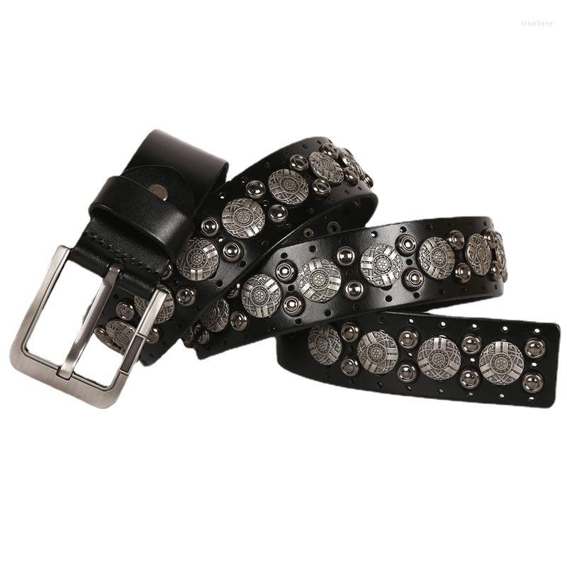 

Belts Navel Nail Head Layer Plant Tanned Cowhide Belt 3.8 Wide Fashionable Men's Personalized High Street Hip-hop Rivet, Black