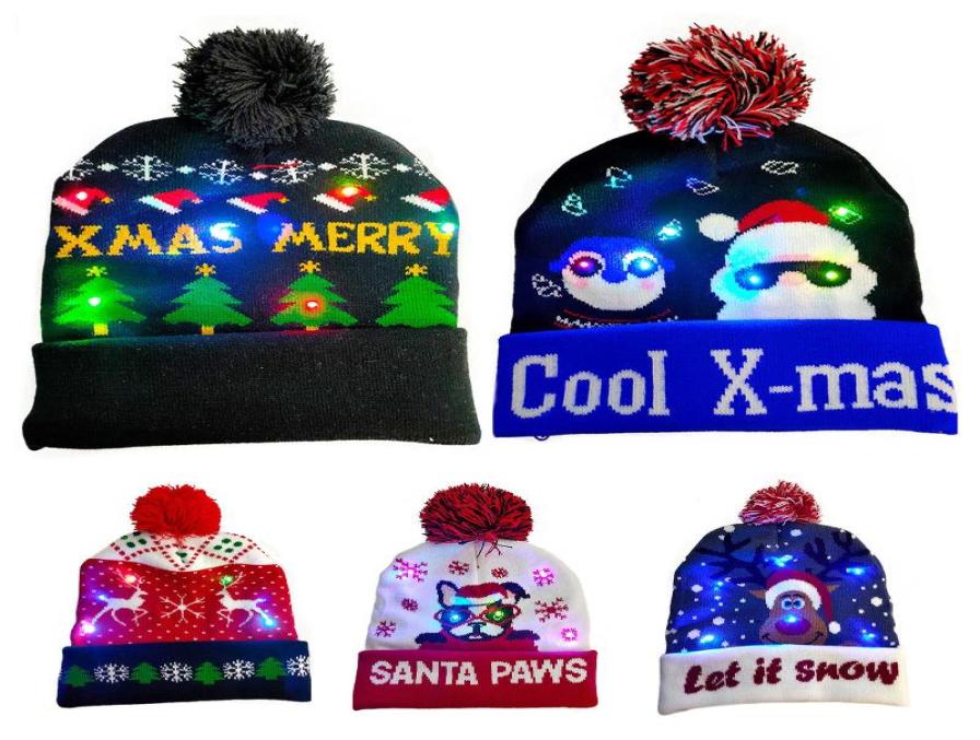 

BeanieSkull Caps 2021 Xams Sweater Knitted Beanie Merry Christmas Pompom Hat Cap LED Lightup Winter Warm Women Kids Gift Family 3941044, Red