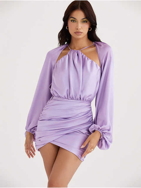 

Summer Vacays Outfits Wear Wrap Ruched Bodycon Mini Dress Elegant Luxury Women Satin Long Sleeve Wedding Party Dresses, Blue