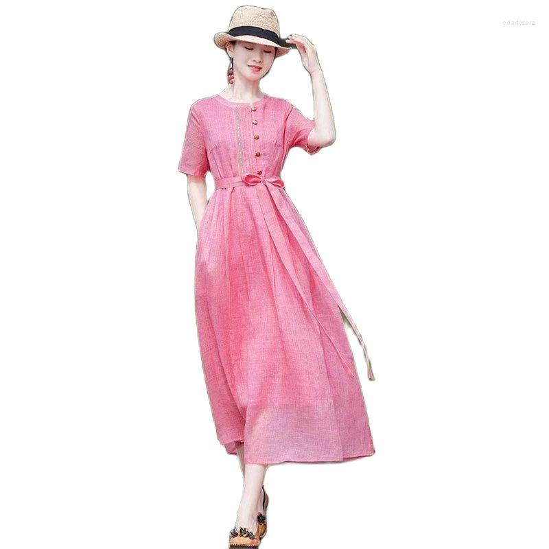 

Party Dresses 2023 Cotton Linen Thin Women Vintage Loose Cozy Summer Dress Bow Belt Office Lady Work Ladies Casual Vestidos, Color on the picture