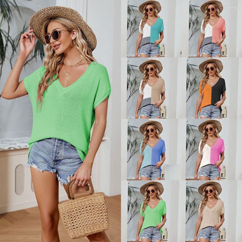 

Women's T Shirts 2023 Summer Women's V-neck Color Matching Cap Sleeve Top Loose Casual Plus Size T-shirt, Sky blue