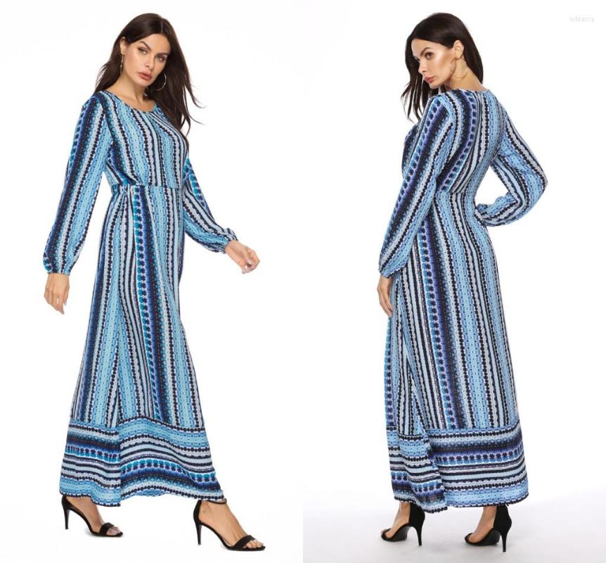 

Casual Dresses Stripe Pattern Dress Ramadan Kaftan Dubai Abaya Turkey Muslim Women Hijab Vestidos, Blue